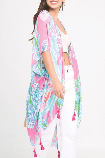 Pastel Floral Print Open Front Kimono