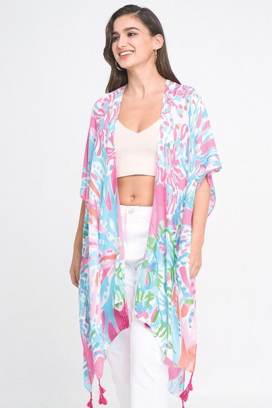 Pastel Floral Print Open Front Kimono