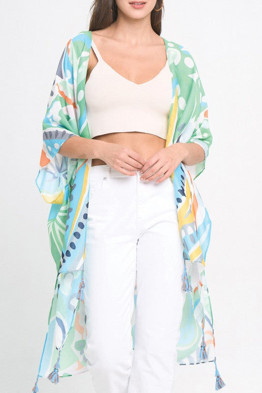 Tropical Floral Print Open Front Kimono