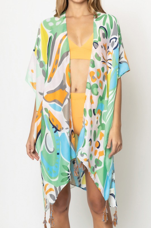 Tropical Floral Print Open Front Kimono