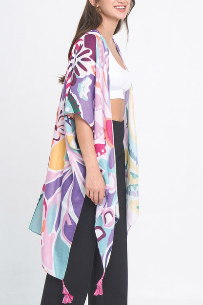 Tropical Floral Print Open Front Kimono