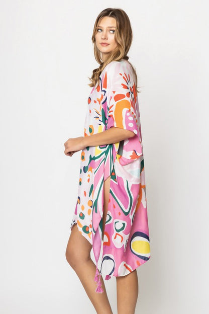 Tropical Floral Print Open Front Kimono