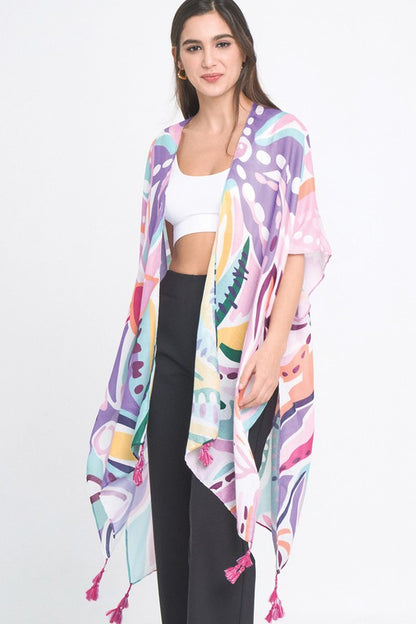 Tropical Floral Print Open Front Kimono