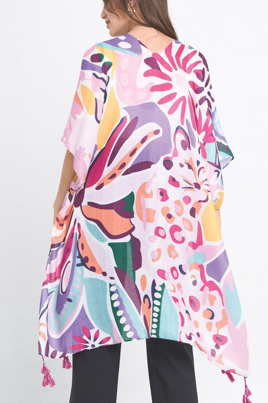 Tropical Floral Print Open Front Kimono