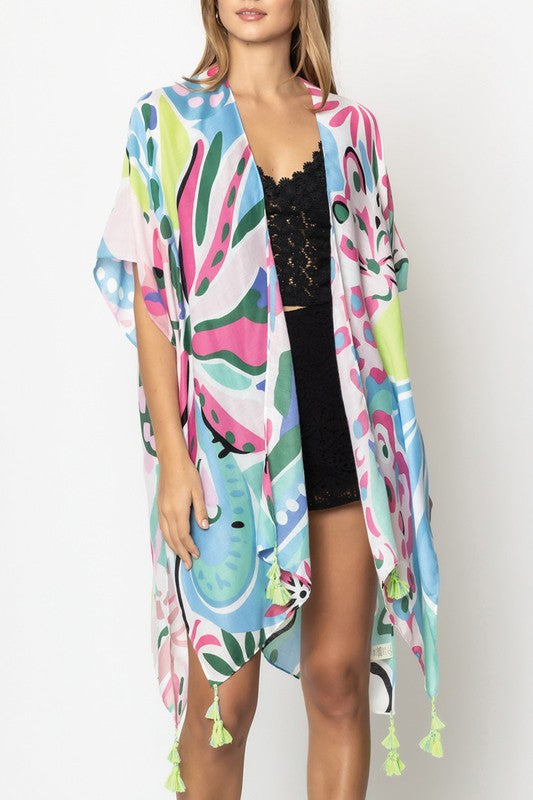 Tropical Floral Print Open Front Kimono