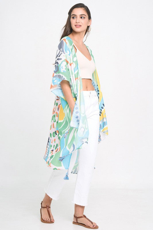 Tropical Floral Print Open Front Kimono