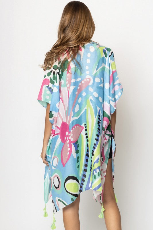 Tropical Floral Print Open Front Kimono