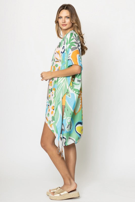 Tropical Floral Print Open Front Kimono