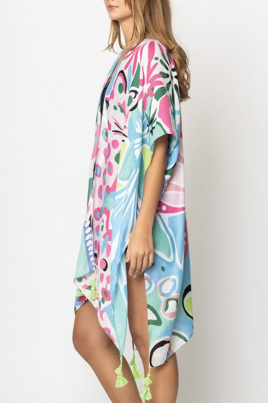 Tropical Floral Print Open Front Kimono