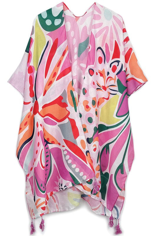 Tropical Floral Print Open Front Kimono