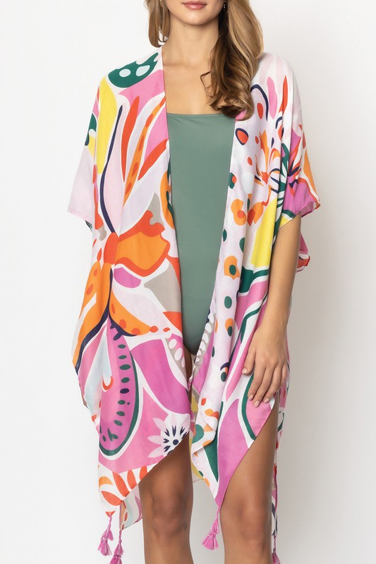 Tropical Floral Print Open Front Kimono