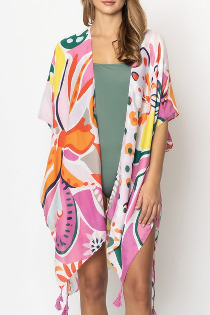 Tropical Floral Print Open Front Kimono