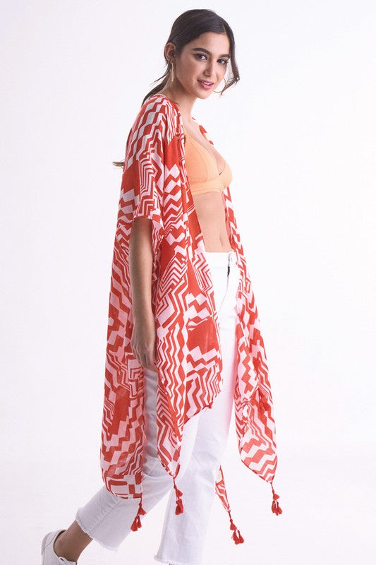 Geometric Print Open Front Kimono