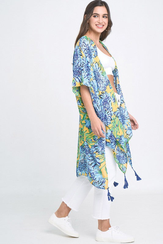 Vibrant Floral Print Open Front Kimono