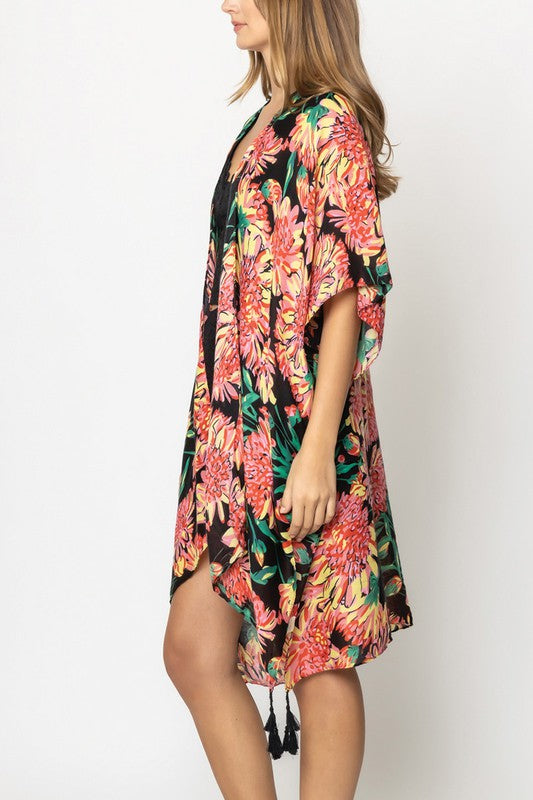 Vibrant Floral Print Open Front Kimono