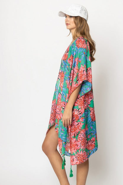 Vibrant Floral Print Open Front Kimono