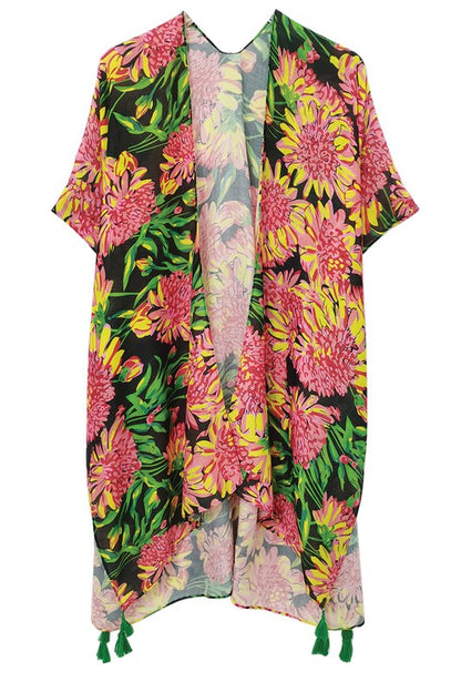 Vibrant Floral Print Open Front Kimono