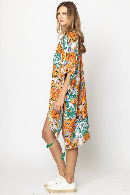 Vibrant Floral Print Open Front Kimono