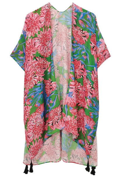 Vibrant Floral Print Open Front Kimono