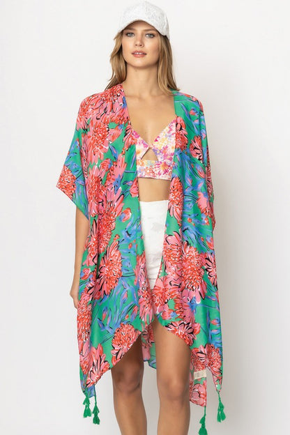 Vibrant Floral Print Open Front Kimono