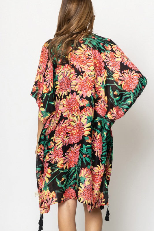 Vibrant Floral Print Open Front Kimono