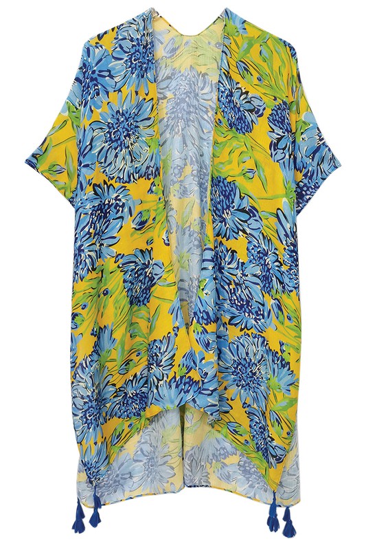 Vibrant Floral Print Open Front Kimono