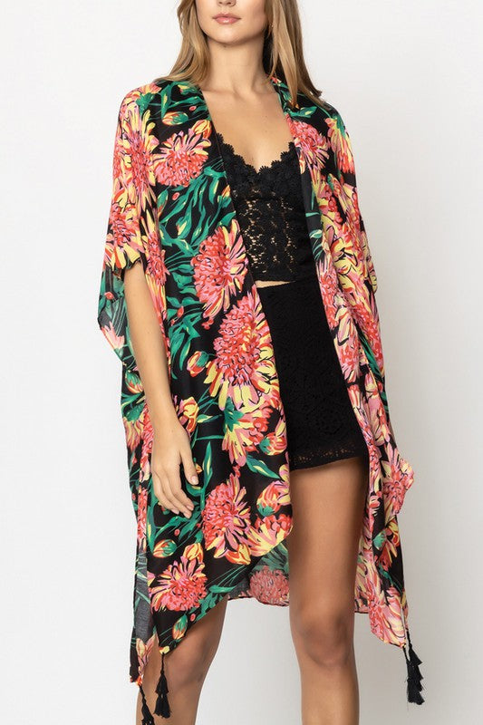 Vibrant Floral Print Open Front Kimono