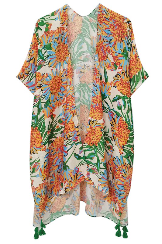 Vibrant Floral Print Open Front Kimono