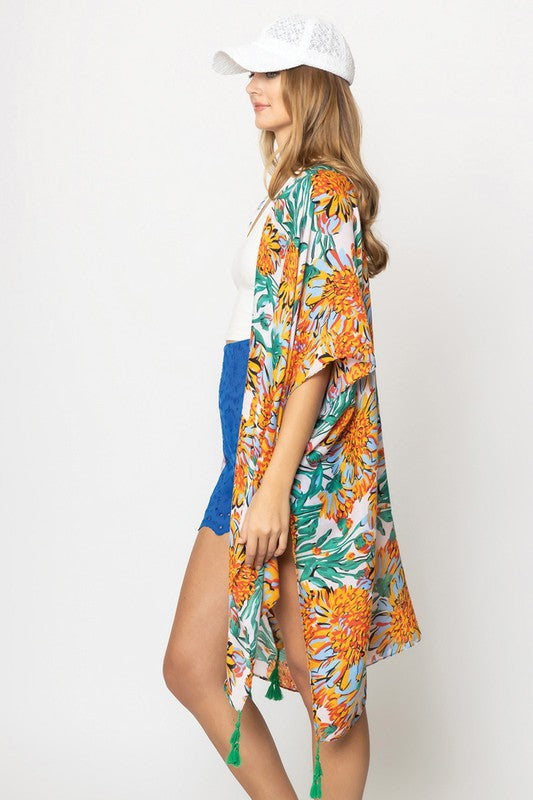 Vibrant Floral Print Open Front Kimono