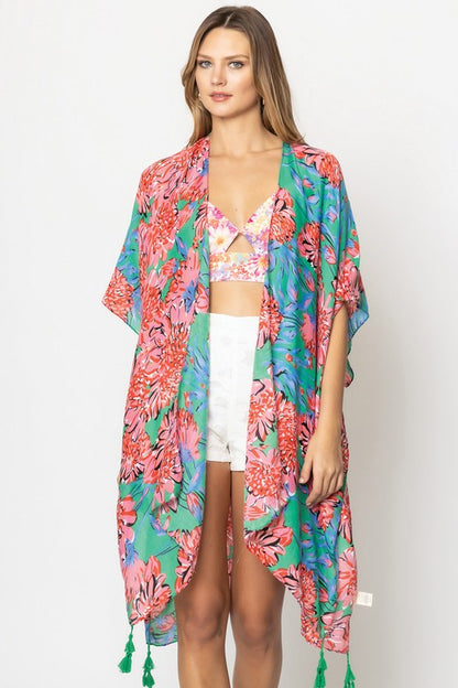 Vibrant Floral Print Open Front Kimono