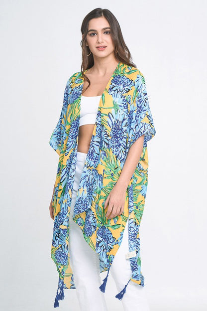 Vibrant Floral Print Open Front Kimono