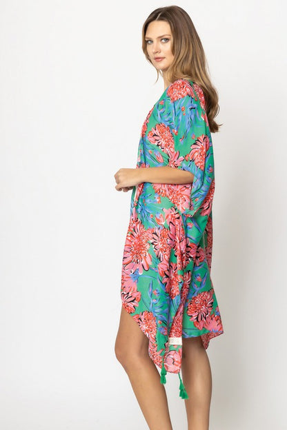 Vibrant Floral Print Open Front Kimono