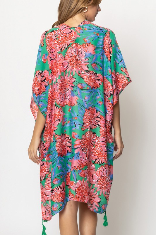 Vibrant Floral Print Open Front Kimono