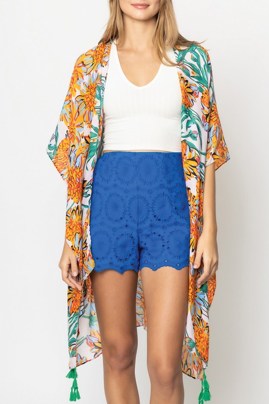 Vibrant Floral Print Open Front Kimono