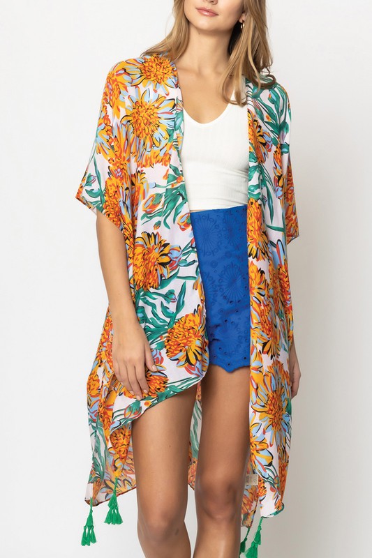 Vibrant Floral Print Open Front Kimono