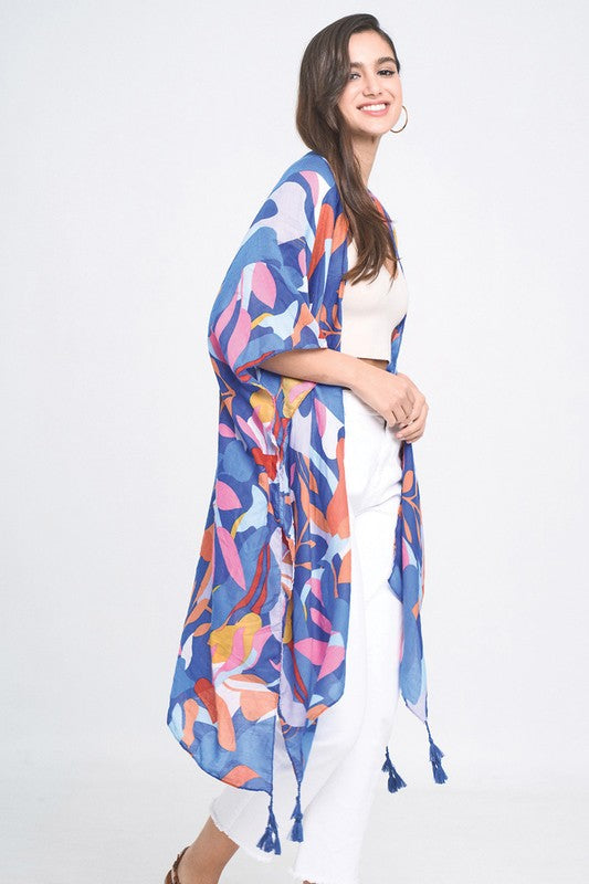 Abstract Tropical Print Open Front Kimono