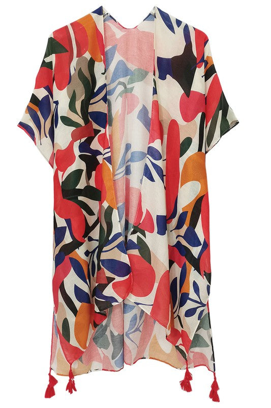 Abstract Tropical Print Open Front Kimono