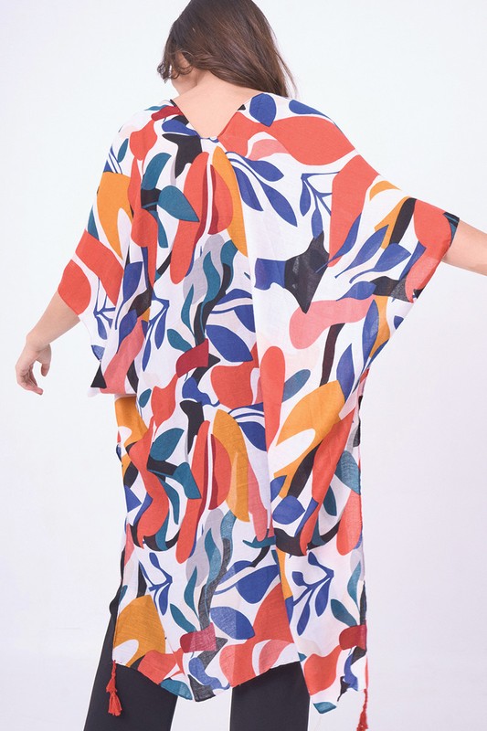 Abstract Tropical Print Open Front Kimono