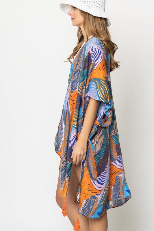 Palm Leaf Print Open Front Kimono