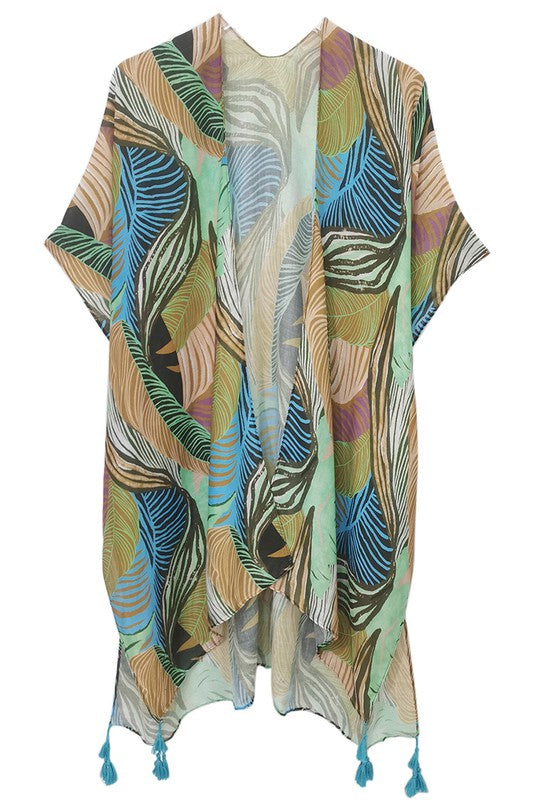 Palm Leaf Print Open Front Kimono