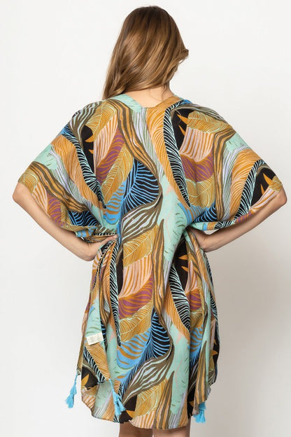 Palm Leaf Print Open Front Kimono