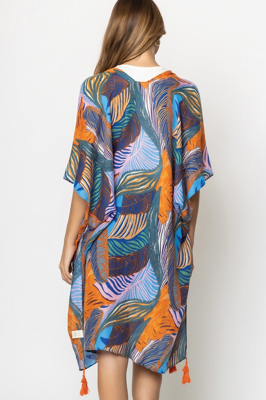 Palm Leaf Print Open Front Kimono