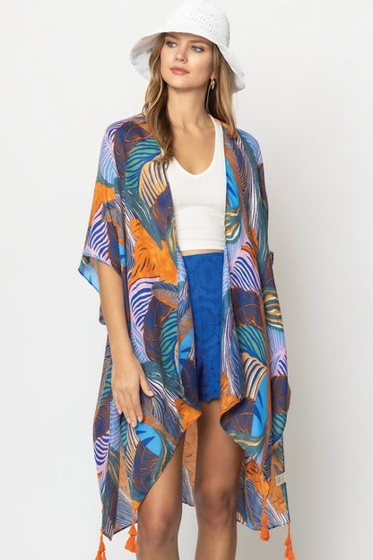 Palm Leaf Print Open Front Kimono