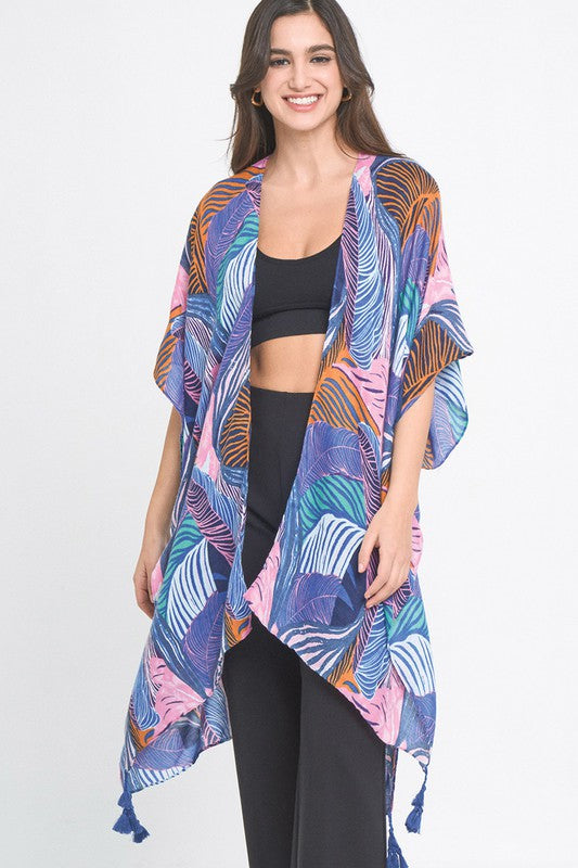 Palm Leaf Print Open Front Kimono