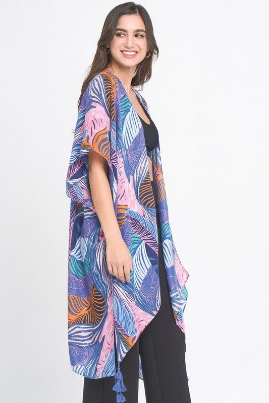 Palm Leaf Print Open Front Kimono