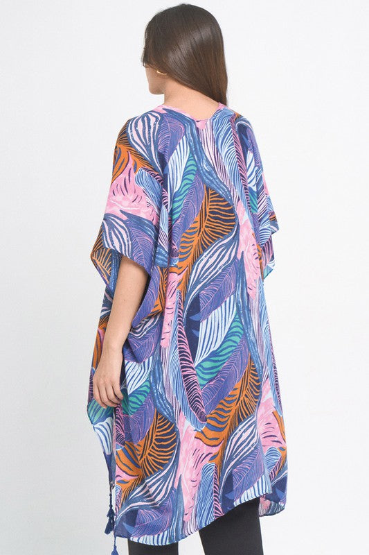 Palm Leaf Print Open Front Kimono