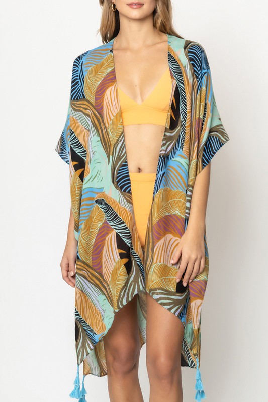 Palm Leaf Print Open Front Kimono