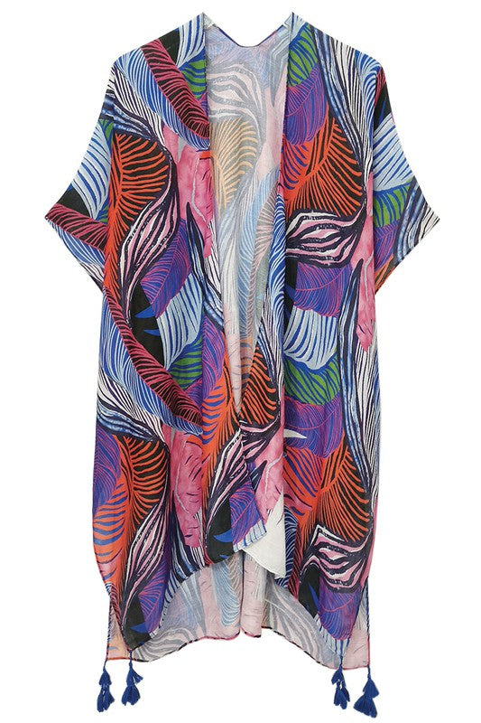 Palm Leaf Print Open Front Kimono