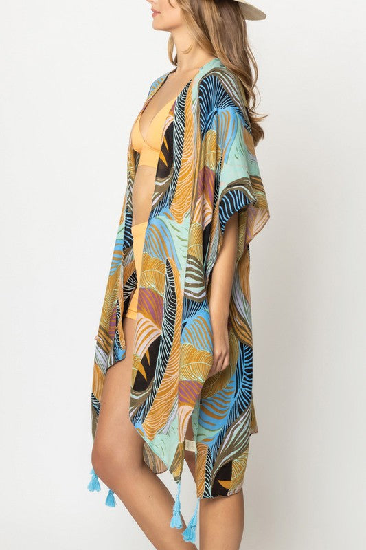 Palm Leaf Print Open Front Kimono