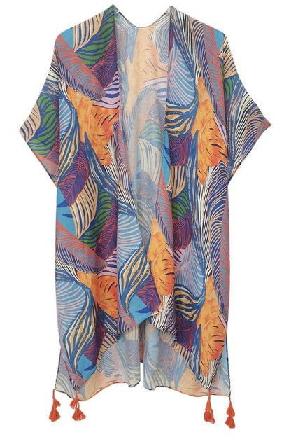 Palm Leaf Print Open Front Kimono